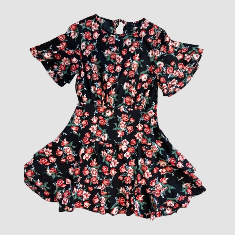 Ax Paris Women’s Size Six Black Rose Red Floral Print Tiered Ruffle Mini Dress